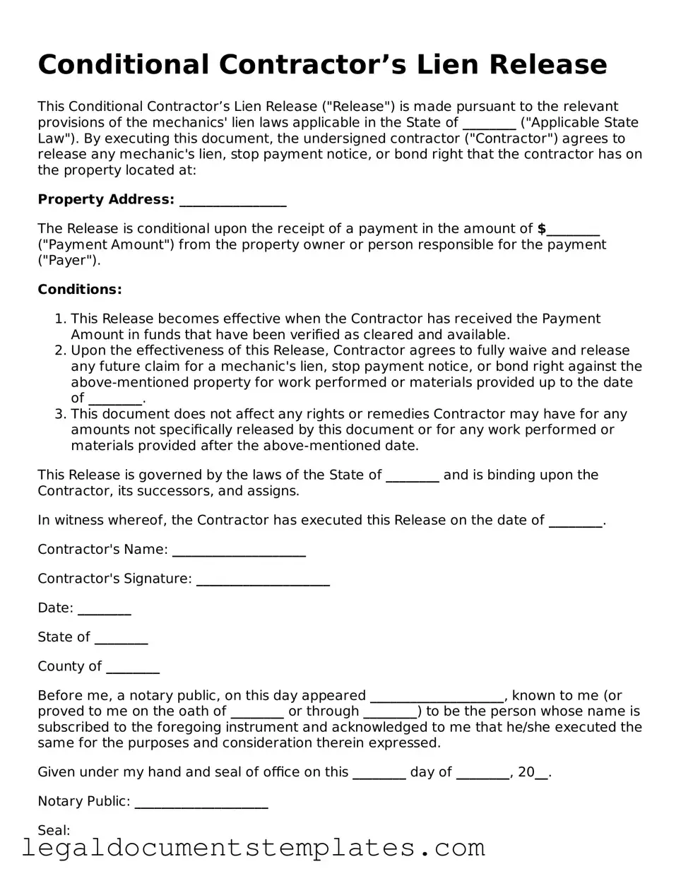 Legal Conditional Contractor’s Lien Release Document