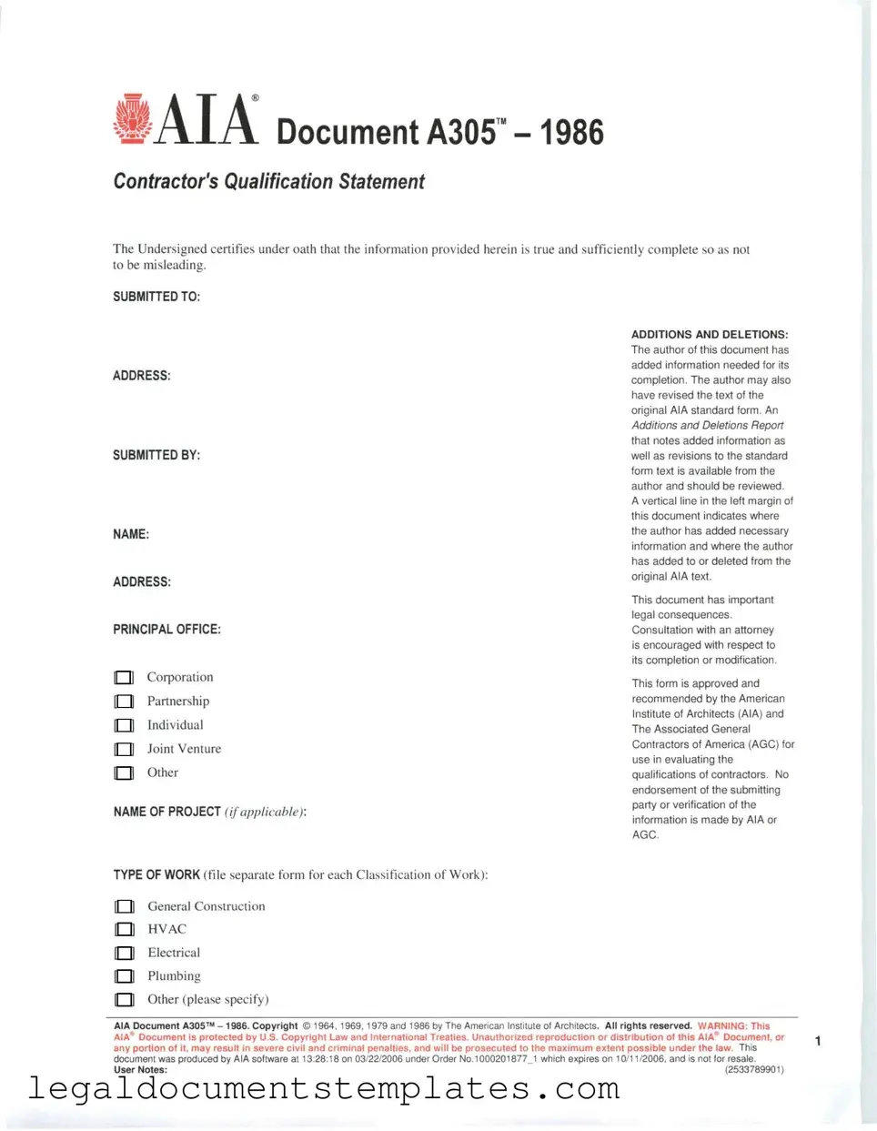 Free AIA A305 PDF Form