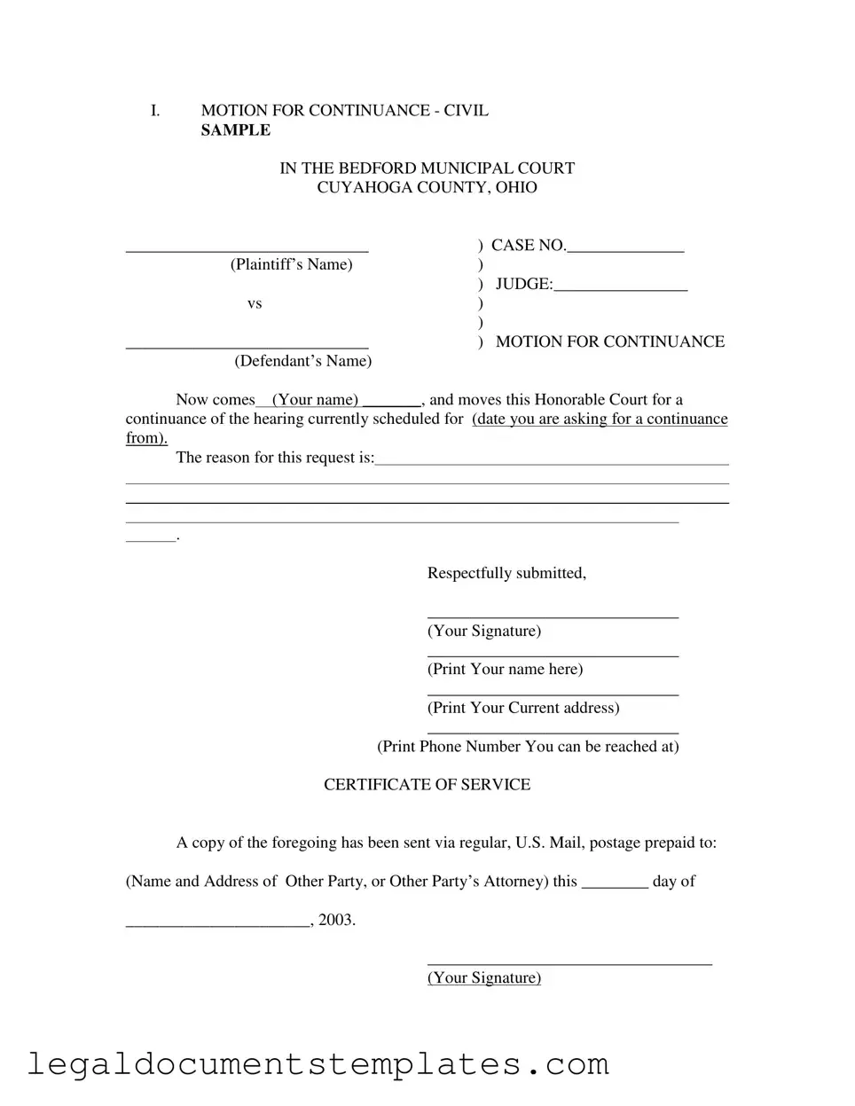 Free Motion For Continuance PDF Form
