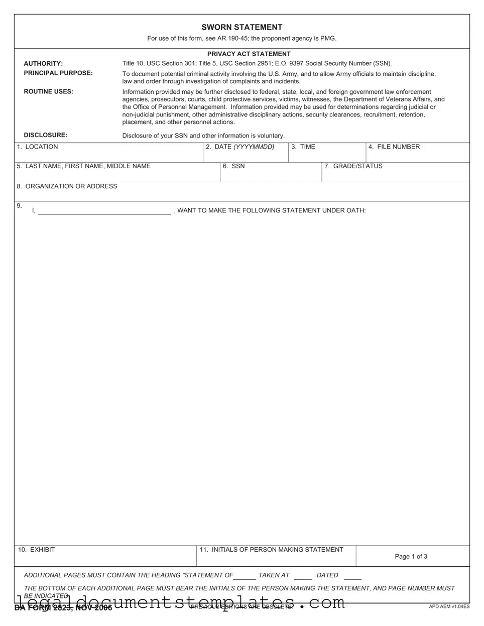 Free Da 2823 PDF Form