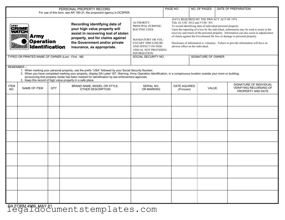 Free Da 4986 PDF Form