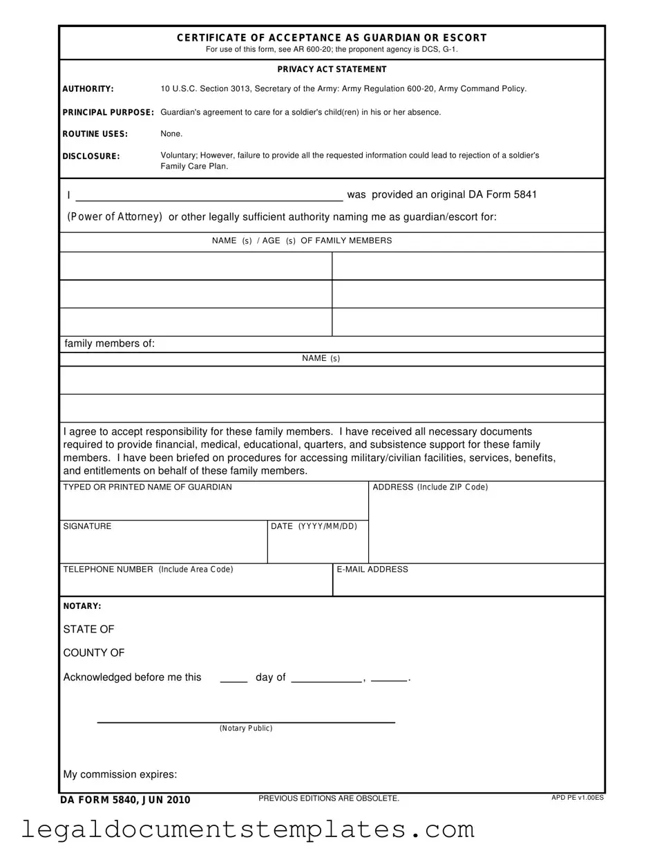 Free Da 5840 PDF Form