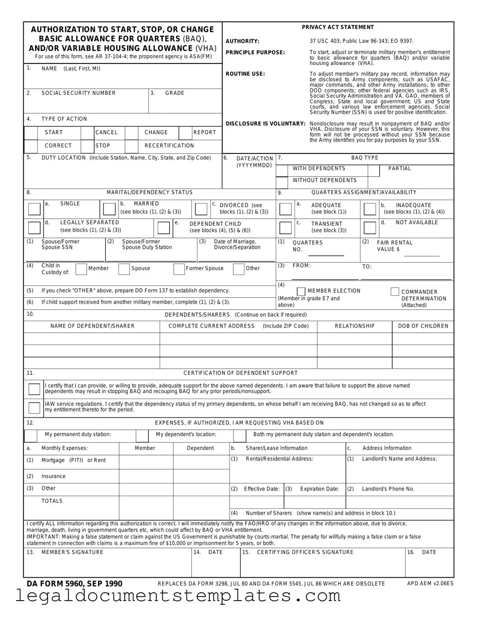 Free DA 5960 PDF Form