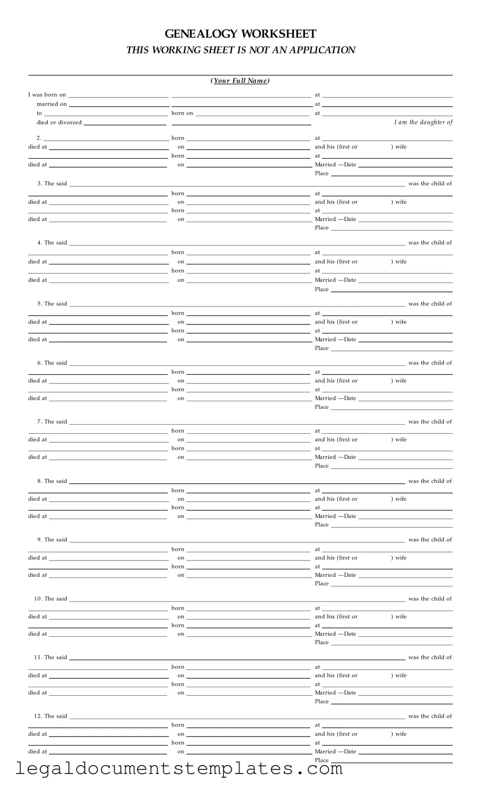 Free Dar Genealogy Worksheet PDF Form