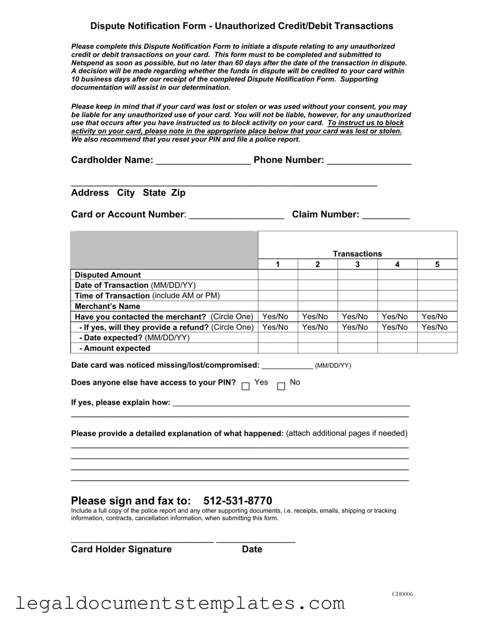 Free Netspend Dispute PDF Form