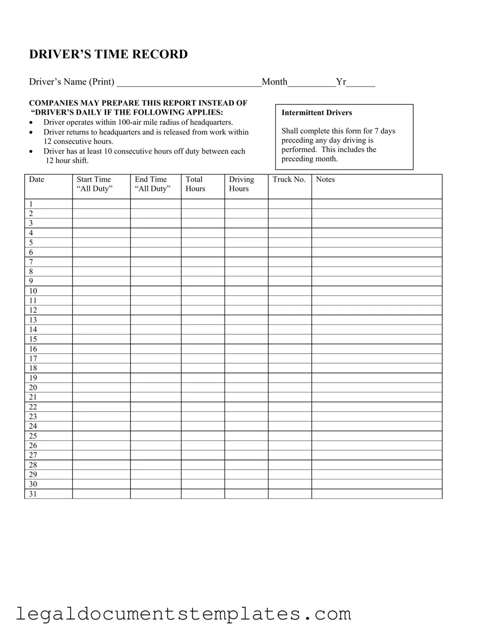 Free Driver Time Record PDF Form