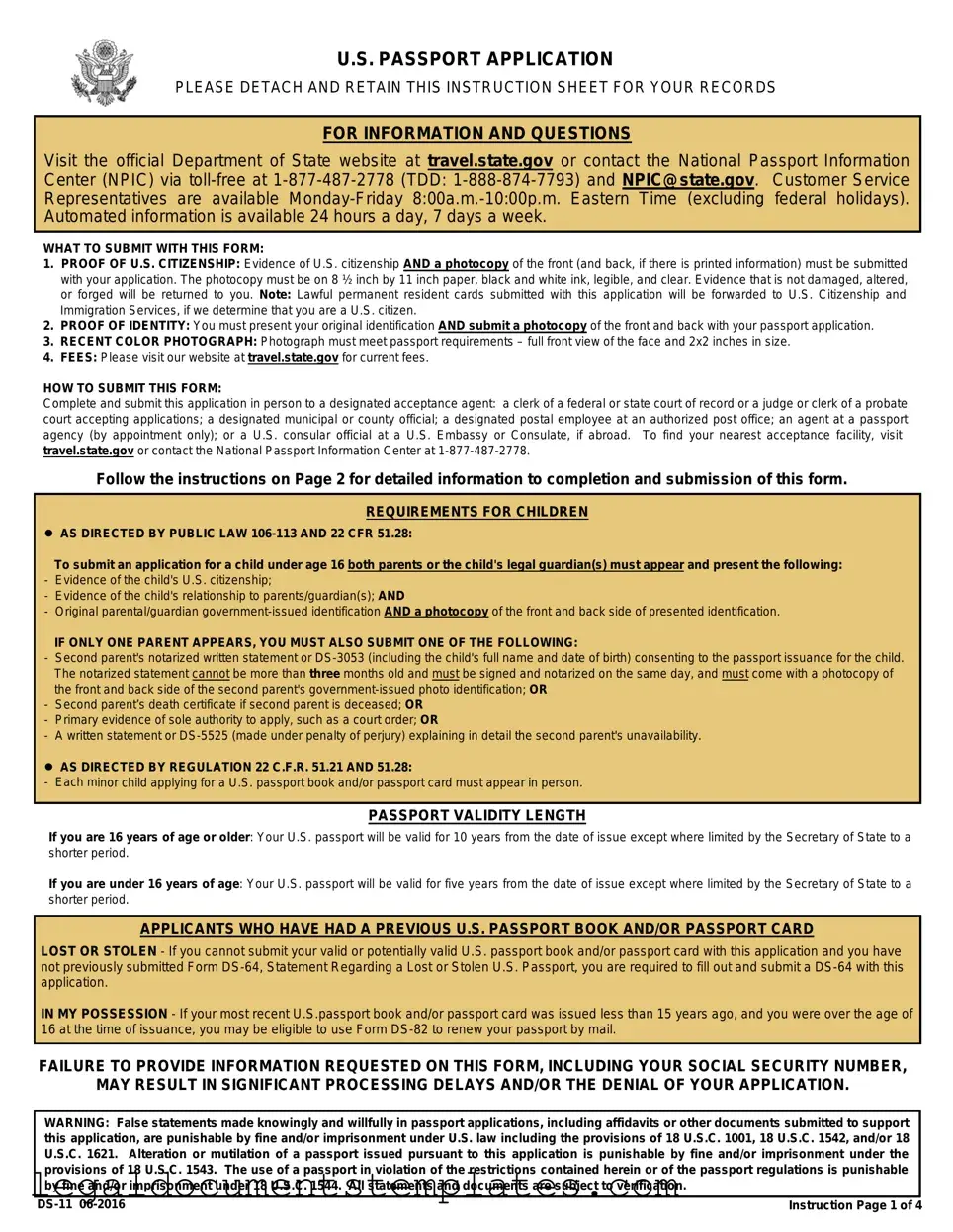 Free DS-11 U.S. Passport application PDF Form