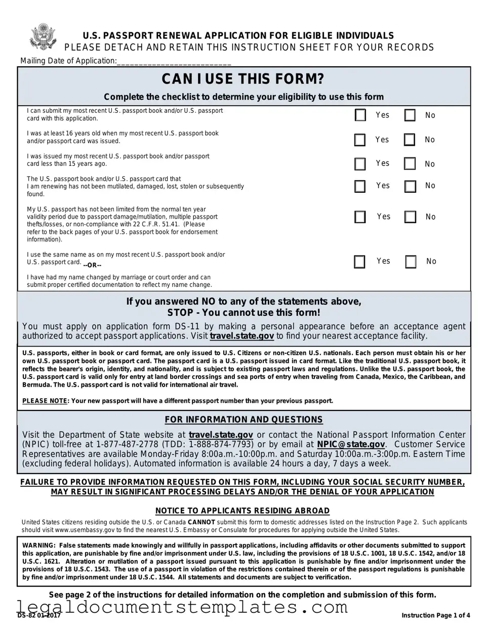 Free DS-82 01-2017 US Passport Renewal Application PDF Form