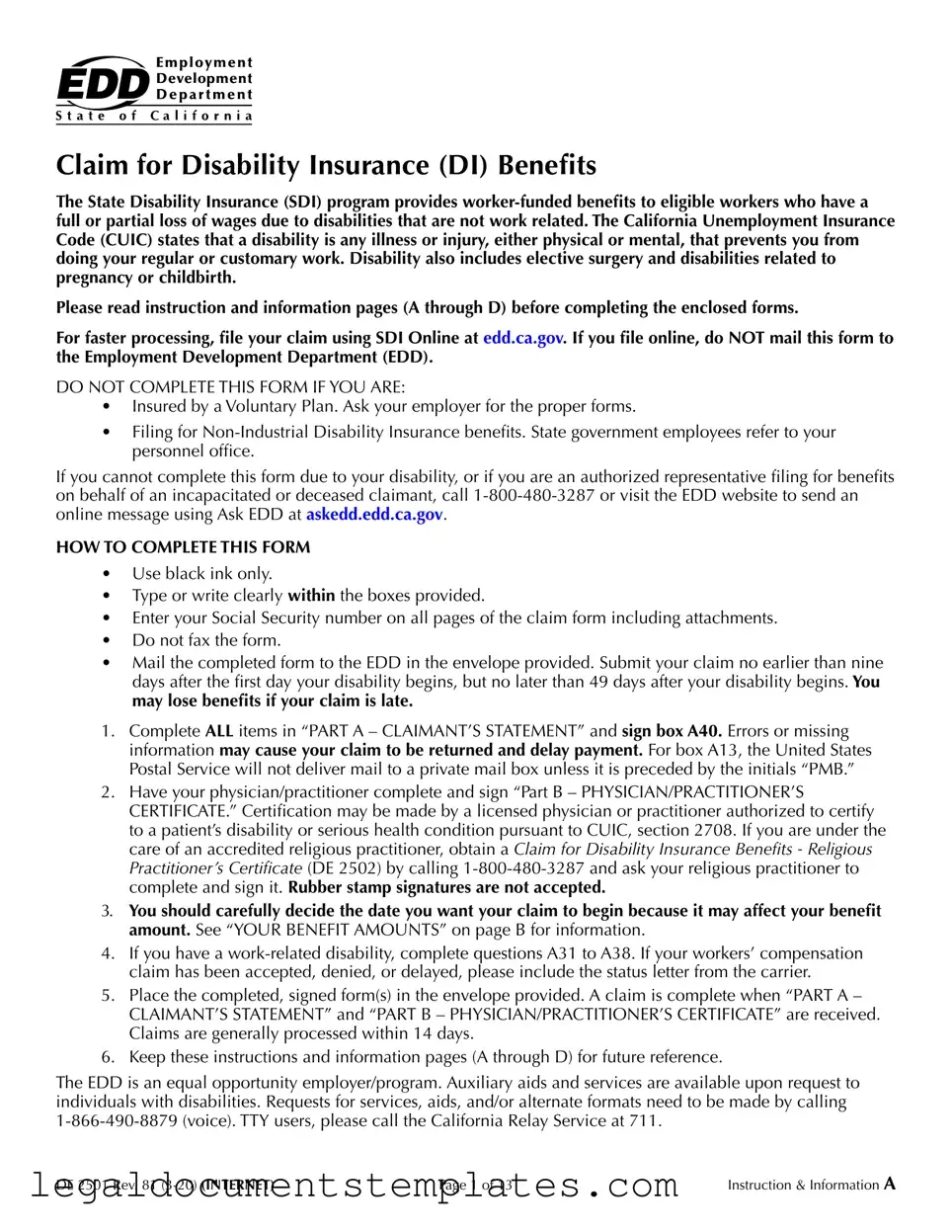 Free EDD DE 2501 PDF Form