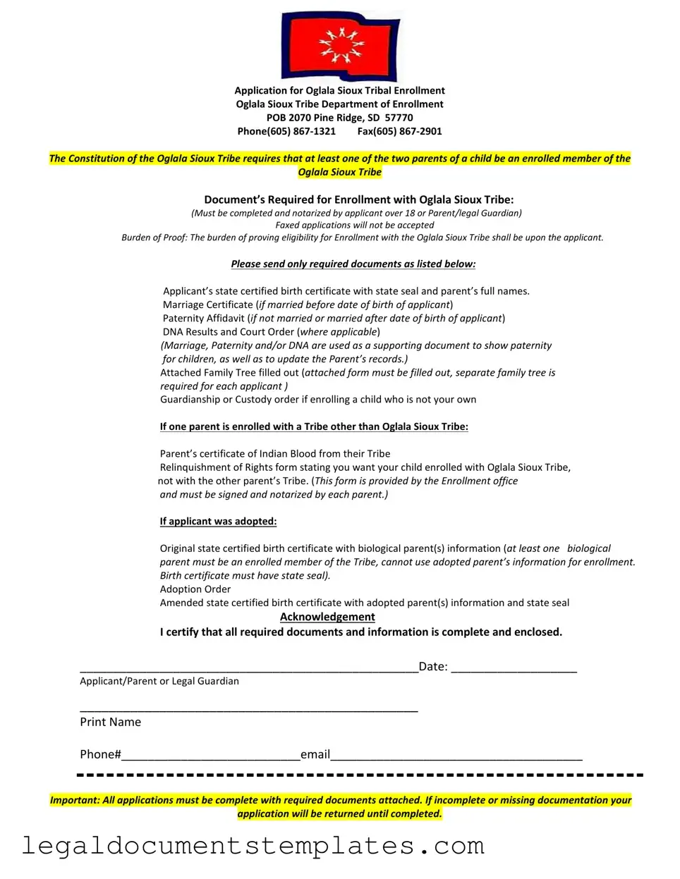 Free Enrollment Oglala Sioux Tribe PDF Form