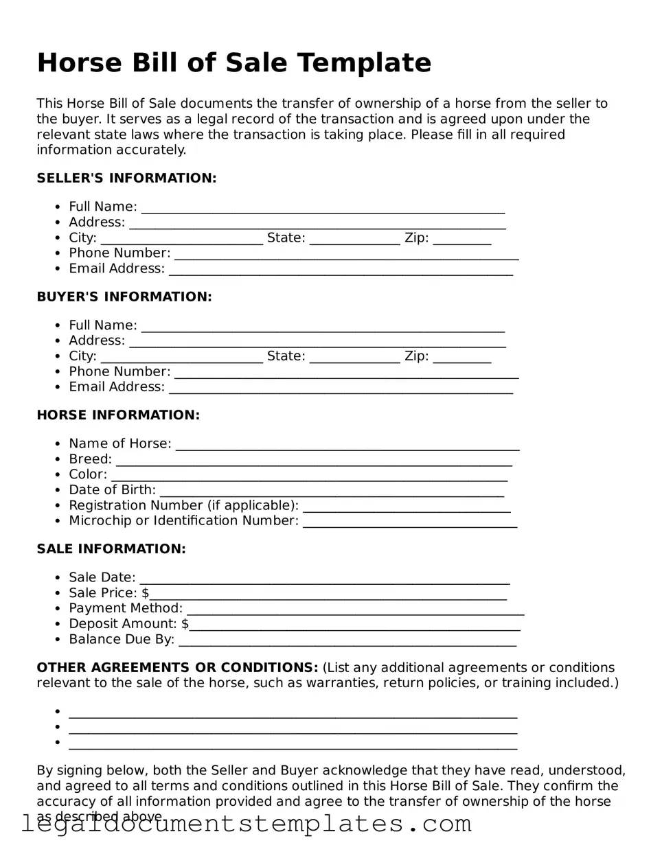 Legal Horse Bill of Sale Document