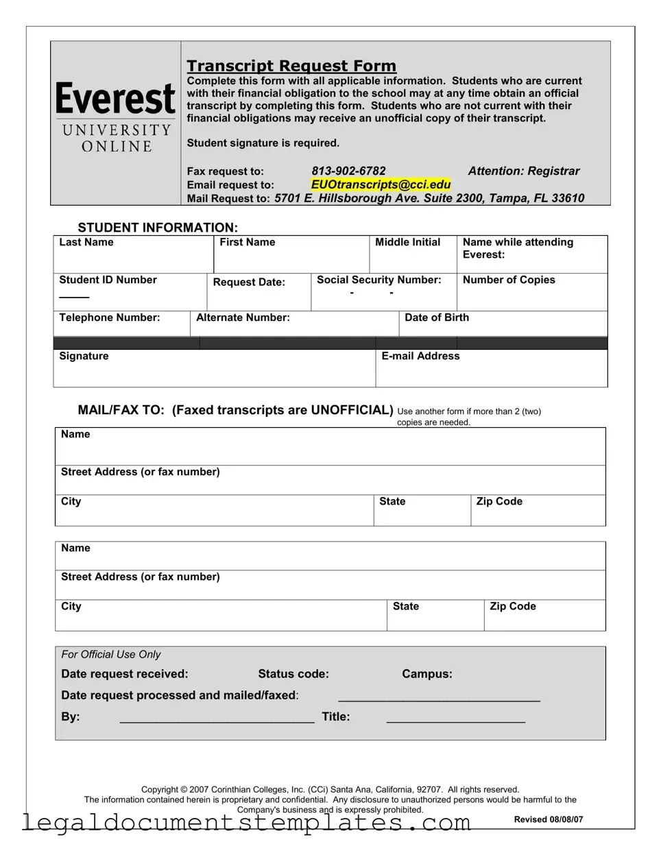 Free Everest University Transcript PDF Form