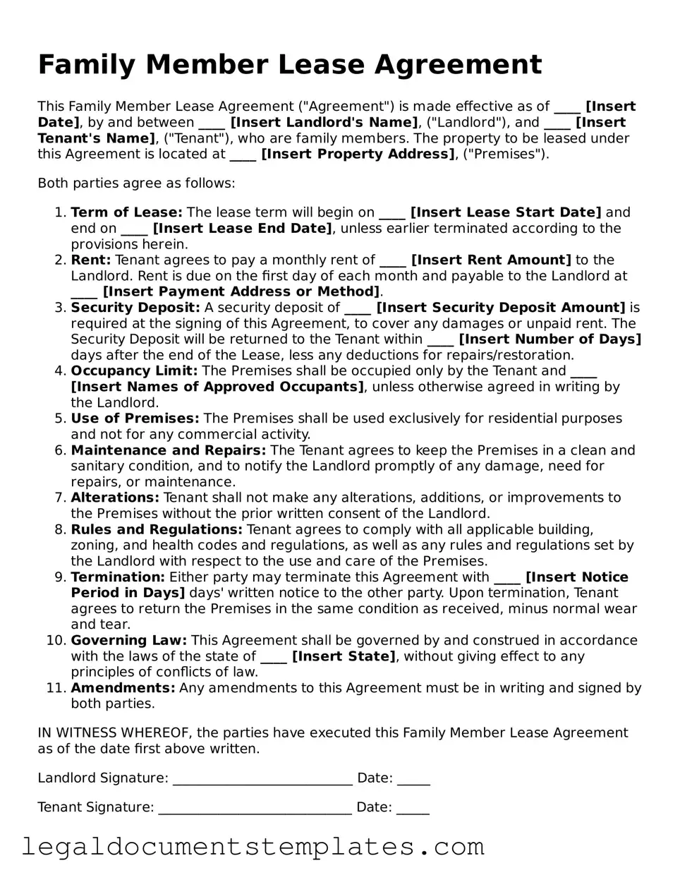 Legal Family Member Lease Agreement Document