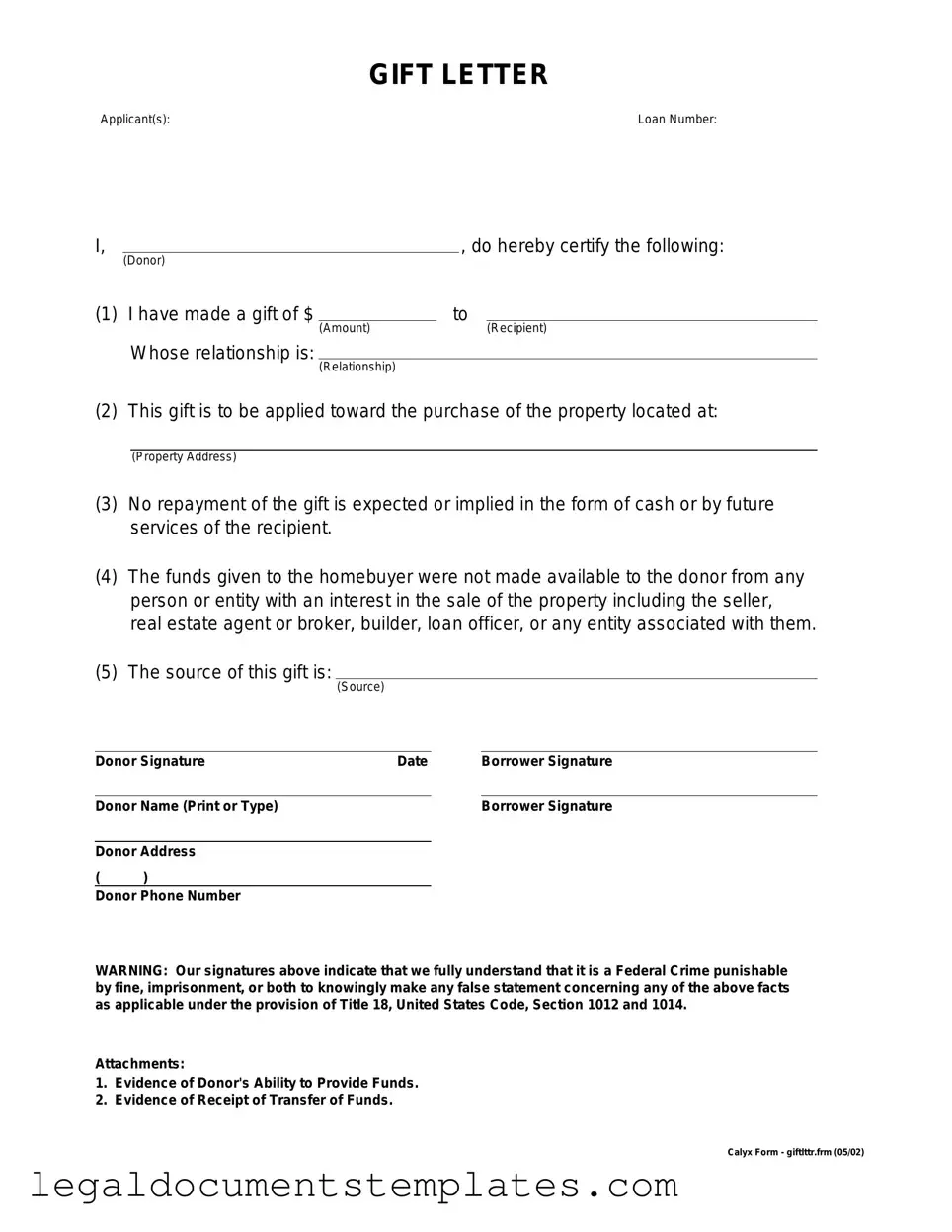 Free Gift Letter PDF Form