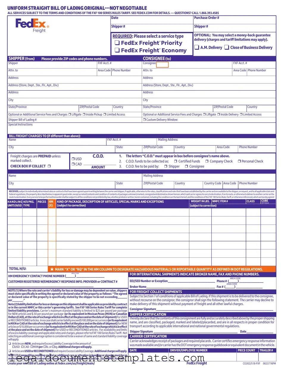 Free Fedex Bill Of Lading PDF Form