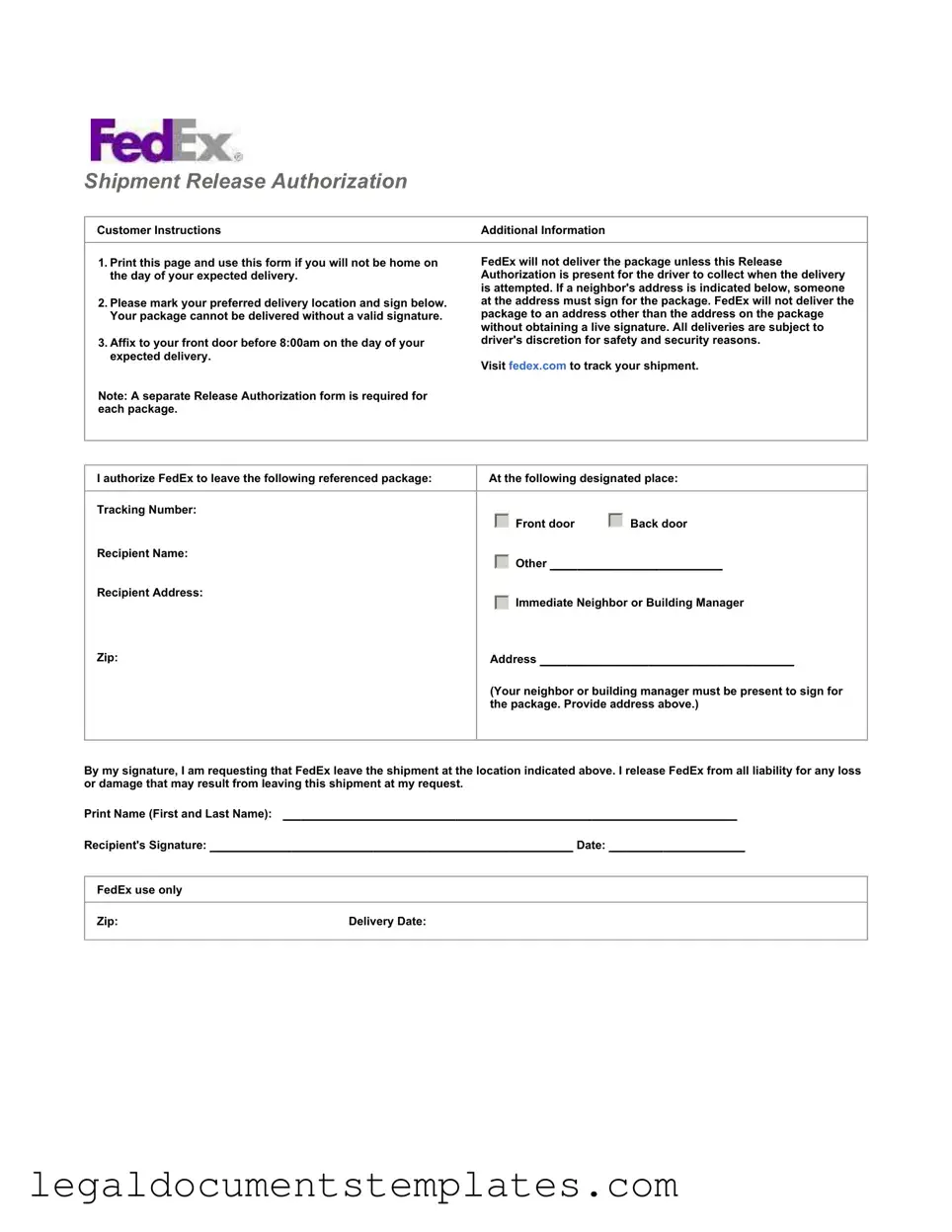 Free Fedex Release PDF Form