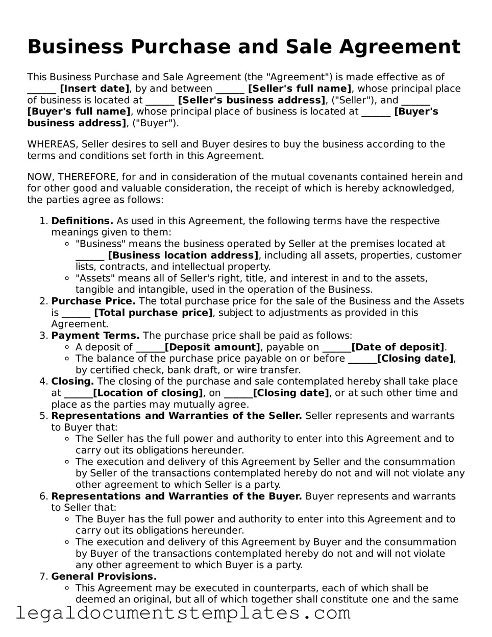 Legal Business Purchase and Sale Agreement Document
