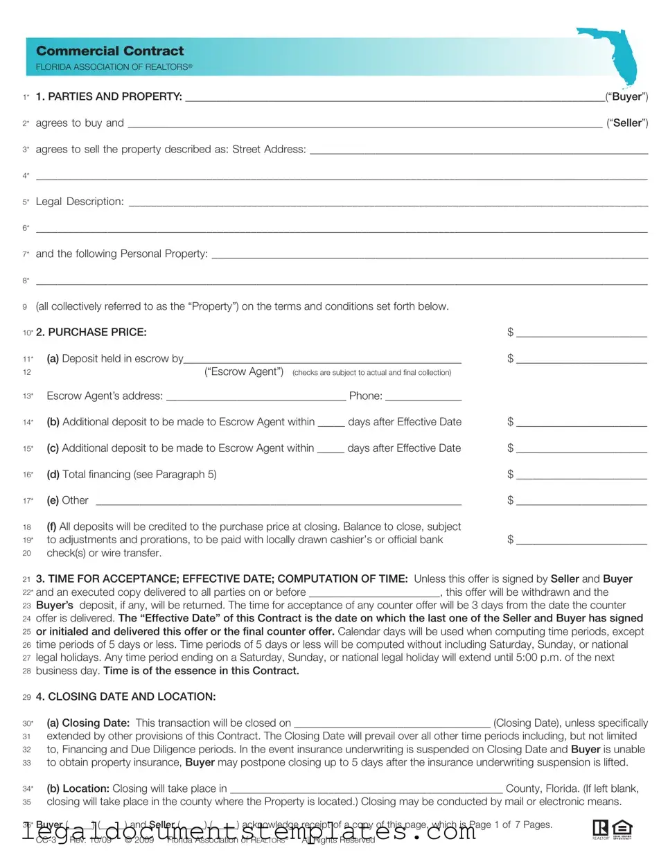 Free Florida Commercial Contract PDF Form