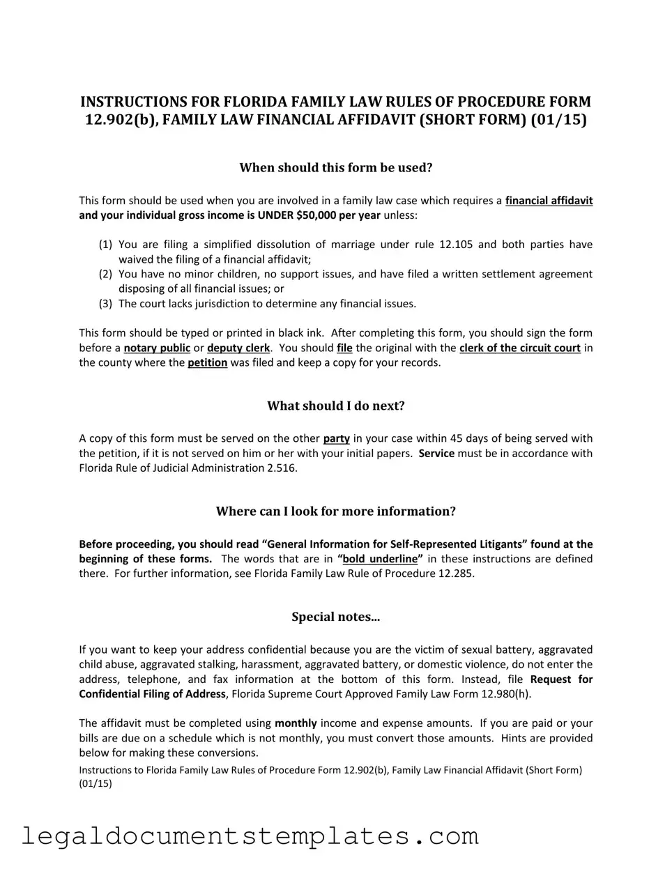 Free Florida Financial Affidavit Short 12.902(b) PDF Form