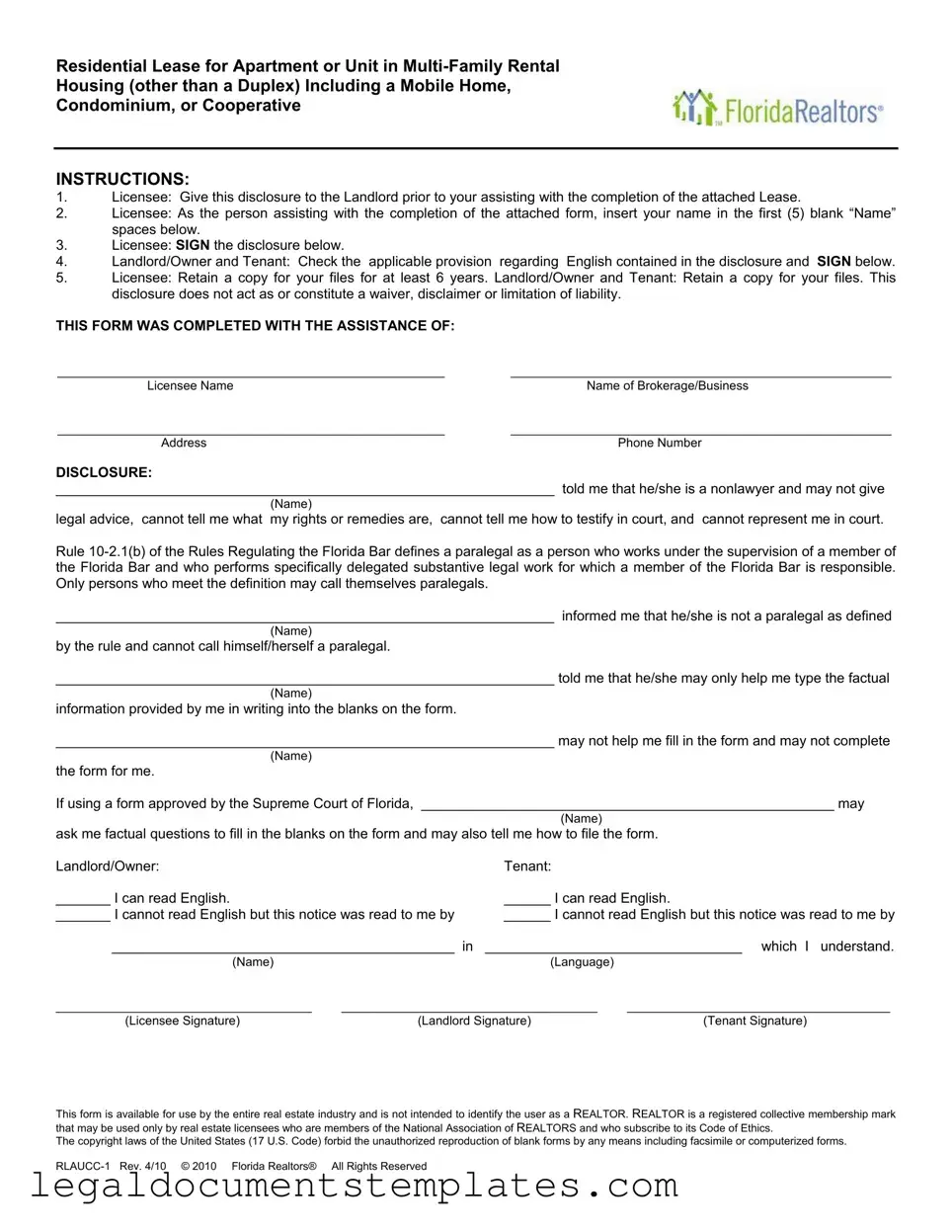 Free Florida Realtors Residential Lease PDF Form