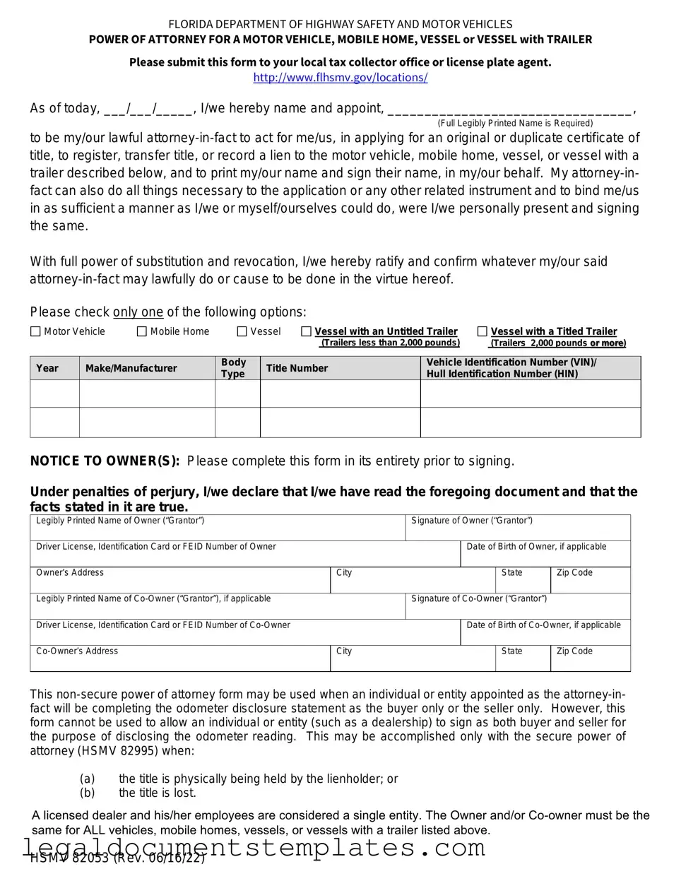 Free Florida Vehicle POA form 82053 PDF Form