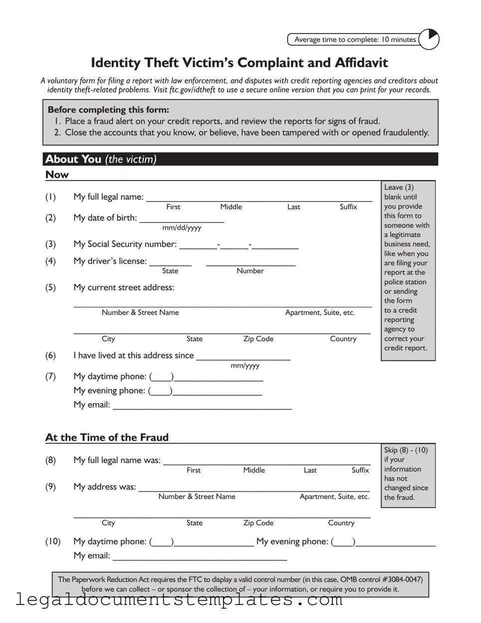Free Ftc Identity Theft Affidavit PDF Form