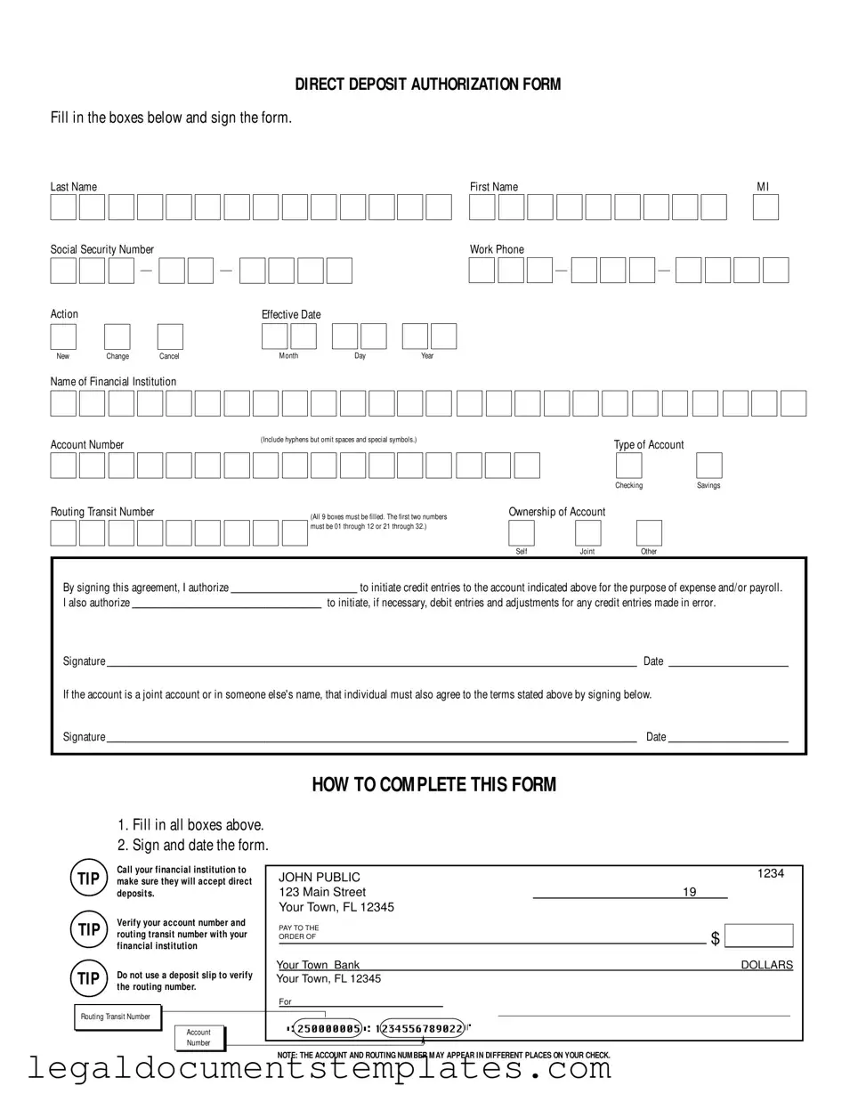 Free Generic Direct Deposit PDF Form