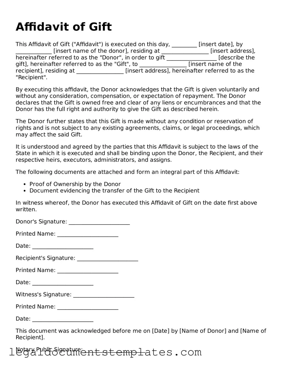 Legal Affidavit of Gift Document