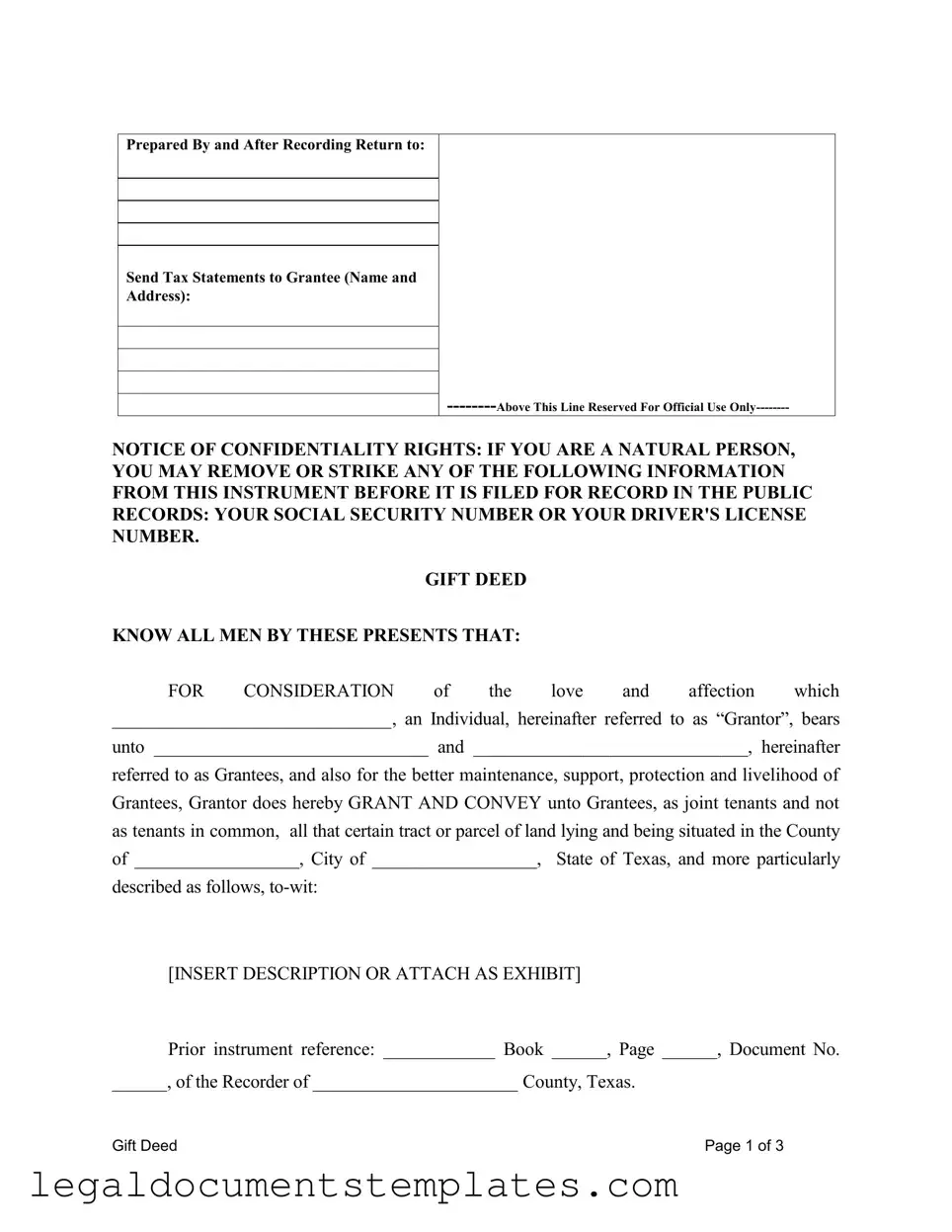 Free Gift Deed Texas PDF Form