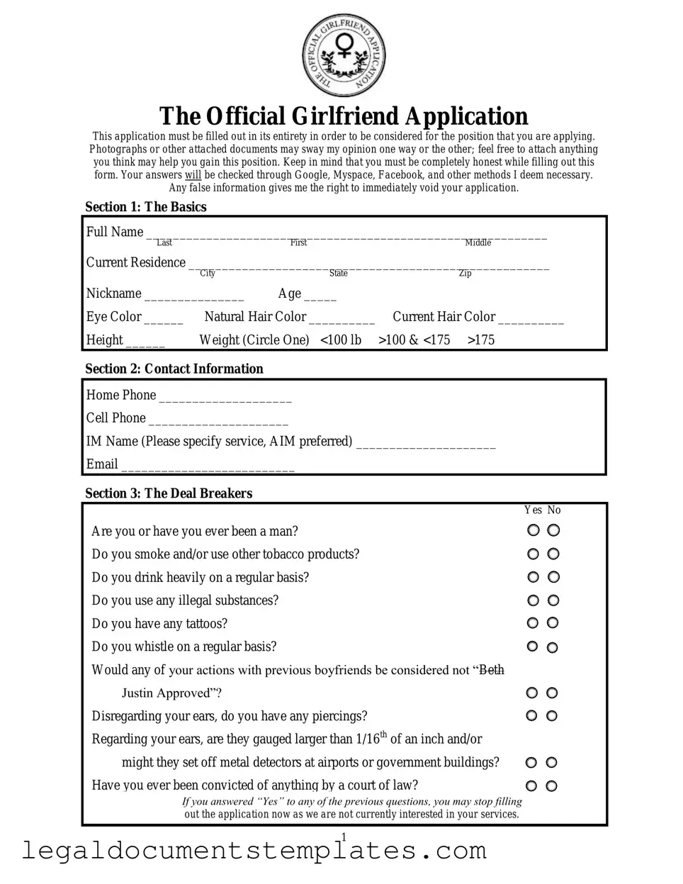 Free Girlfriend Application PDF Form