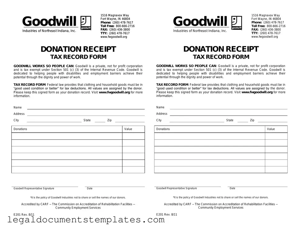 Free Goodwill donation receipt PDF Form