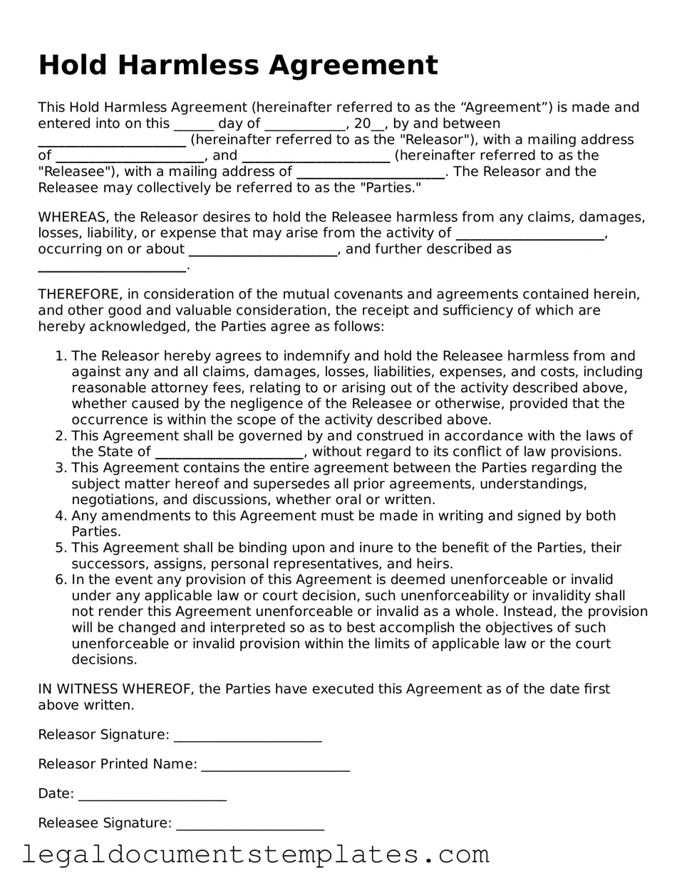 Legal Hold Harmless Agreement Document