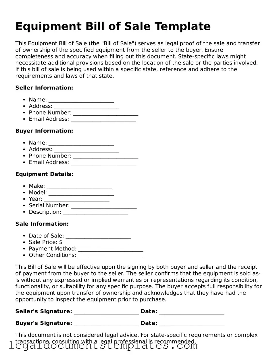 Legal Equipment Bill of Sale Document