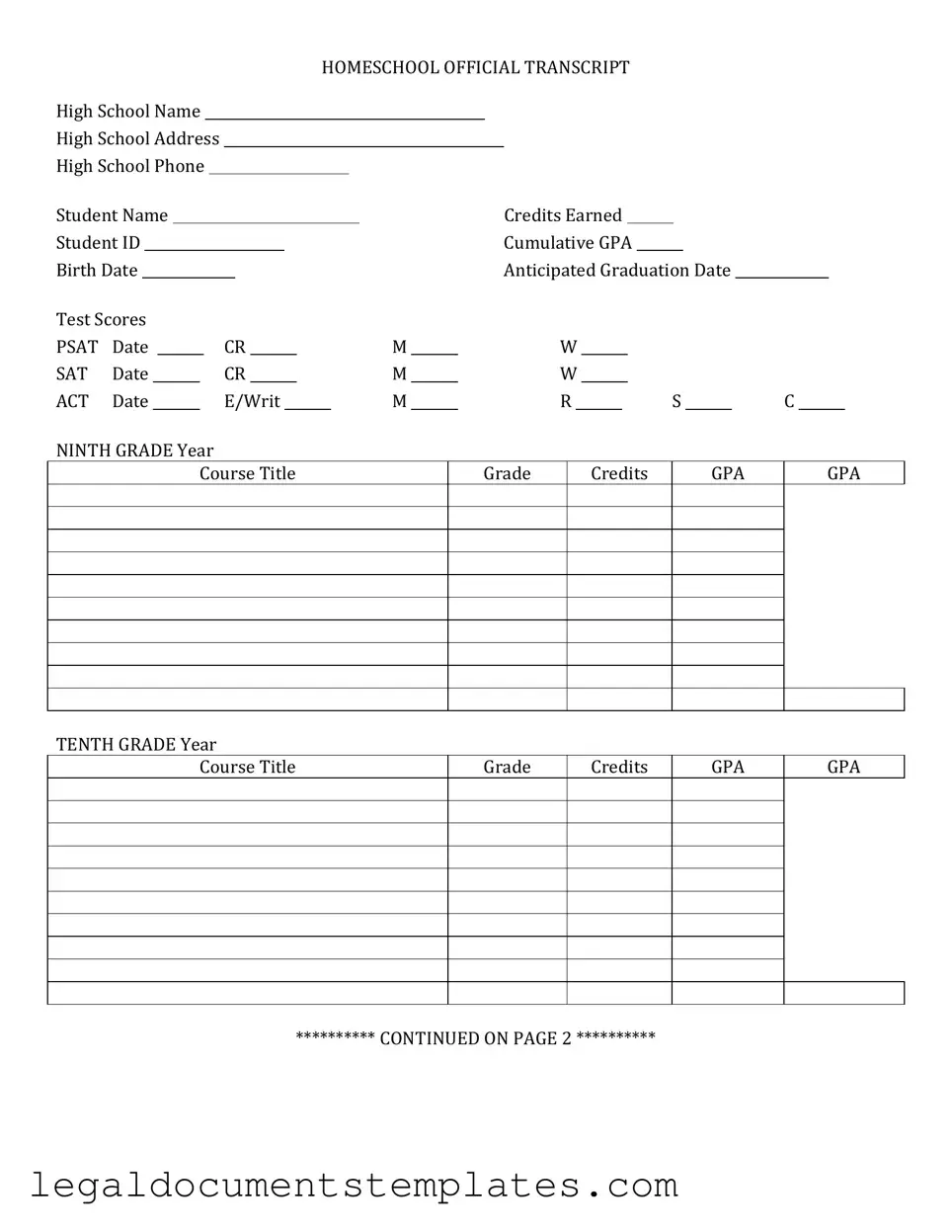 Free High School Transcript PDF Form