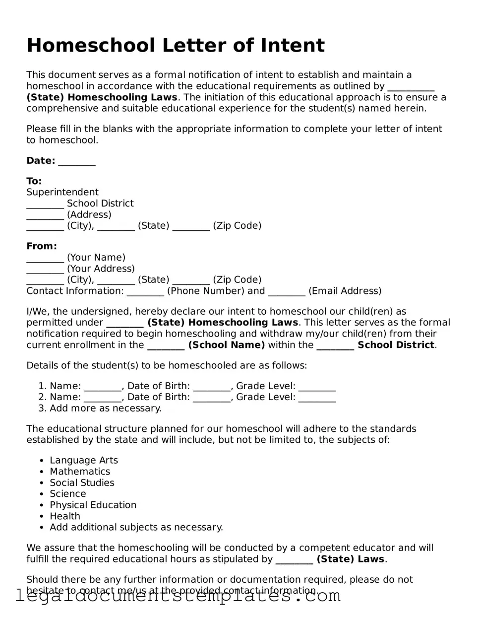 Legal Homeschool Letter of Intent Document