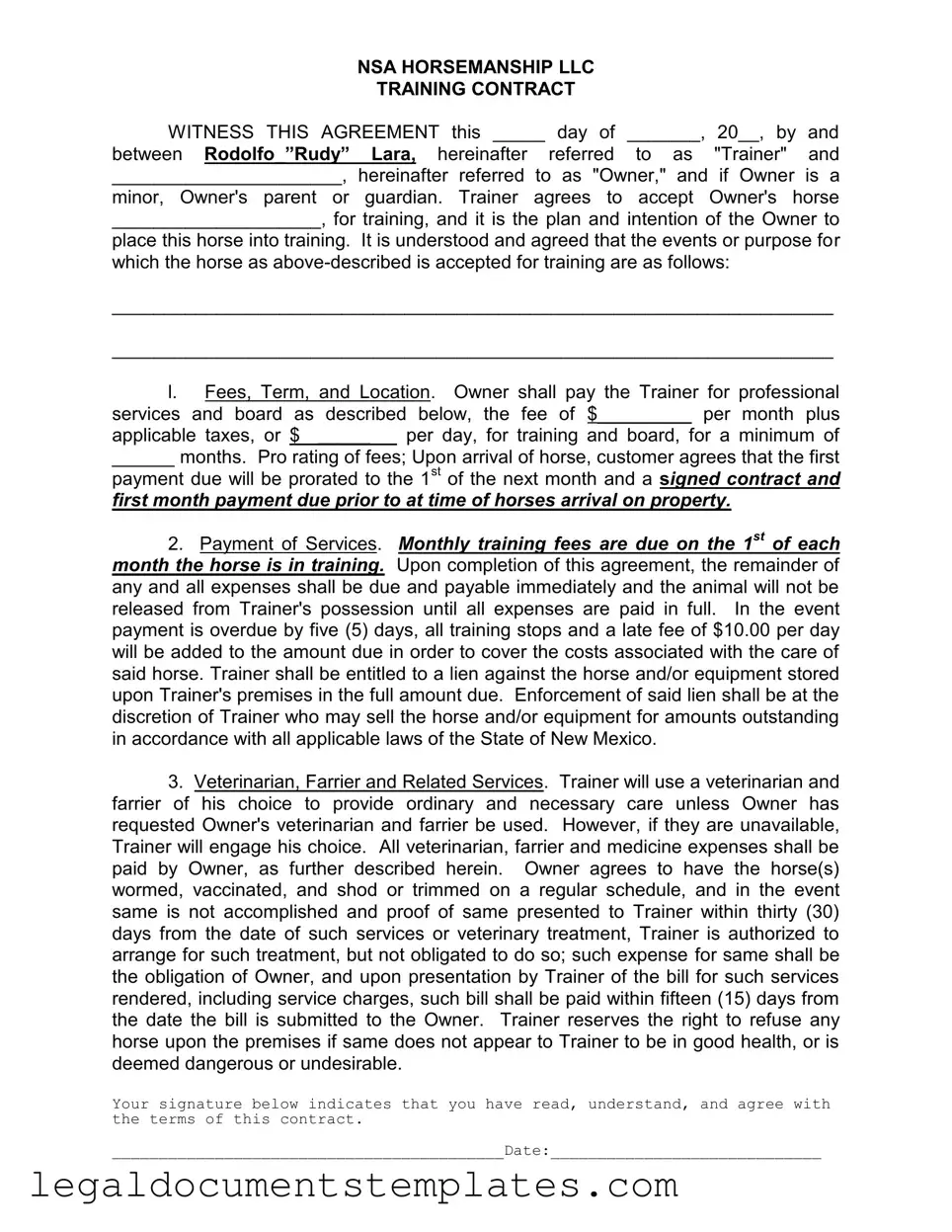 Free Horse Training Contract PDF Form
