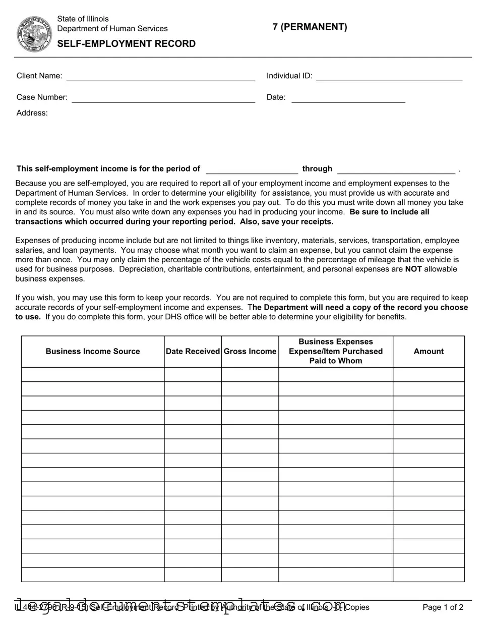 Free Il 444 2790 Self Employment Record PDF Form
