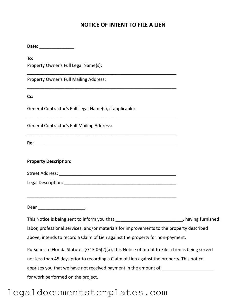 Free Intent To Lien Florida PDF Form