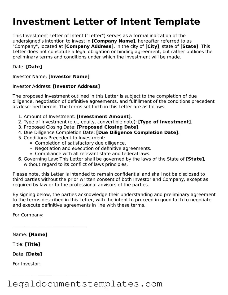 Legal Investment Letter of Intent Document