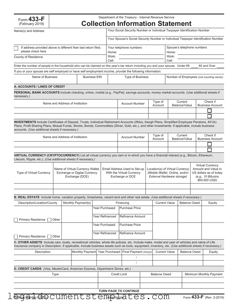 Free IRS 433-F PDF Form