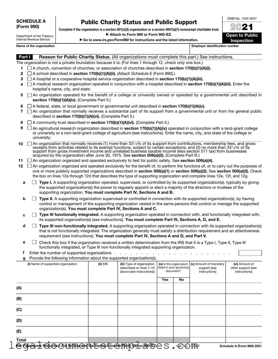 Free IRS Schedule A 990 or 990-EZ PDF Form