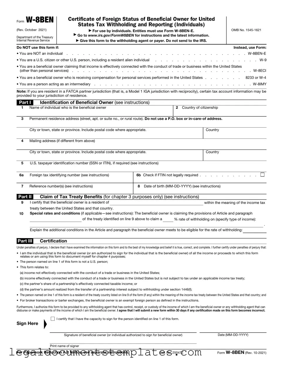 Free IRS W-8BEN PDF Form
