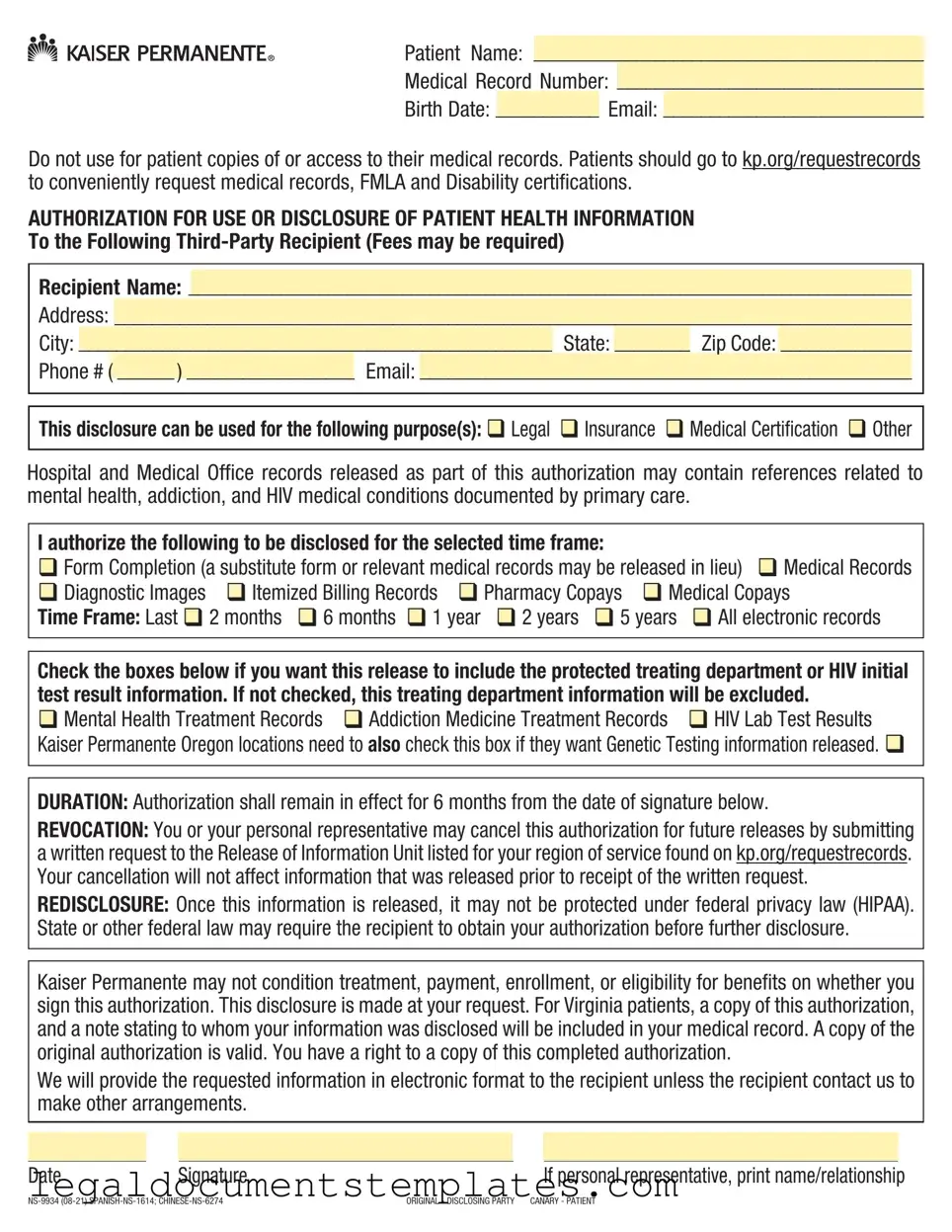 Free Kaiser Records Request PDF Form