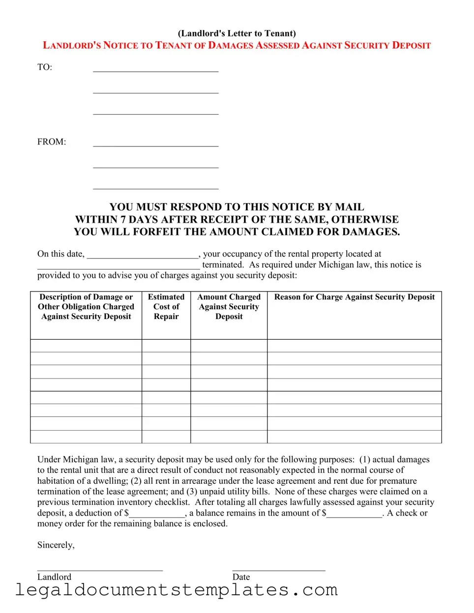Free Landlord Damages Letter PDF Form