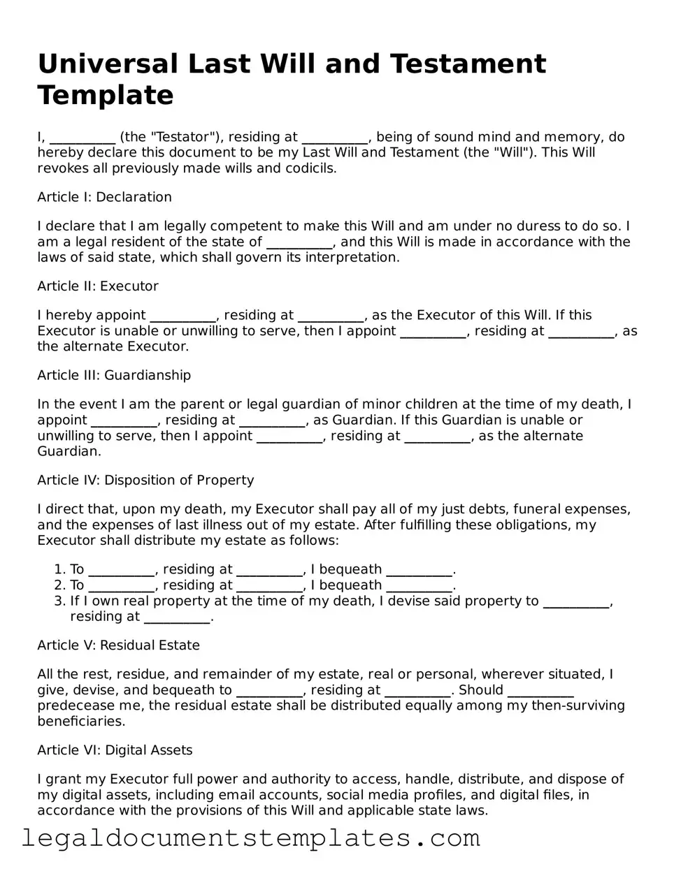 Legal Last Will and Testament Document