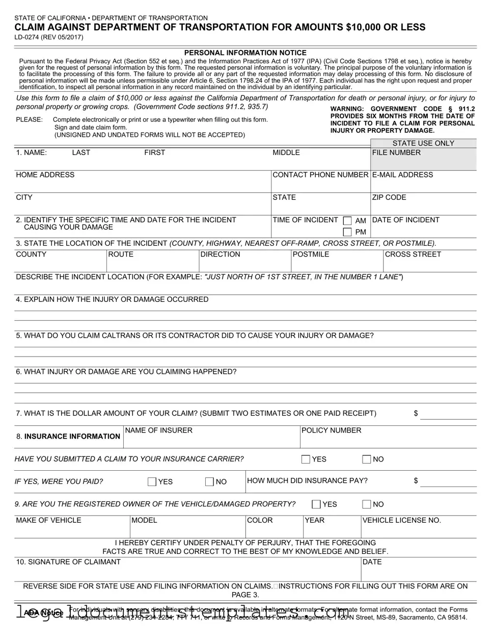 Free Ld 0274 PDF Form