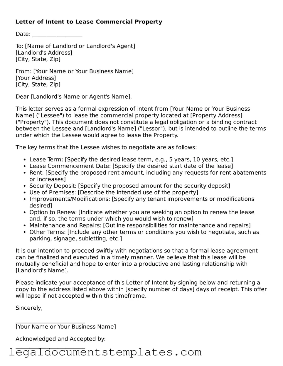 Legal Letter of Intent to Lease Commercial Property Document