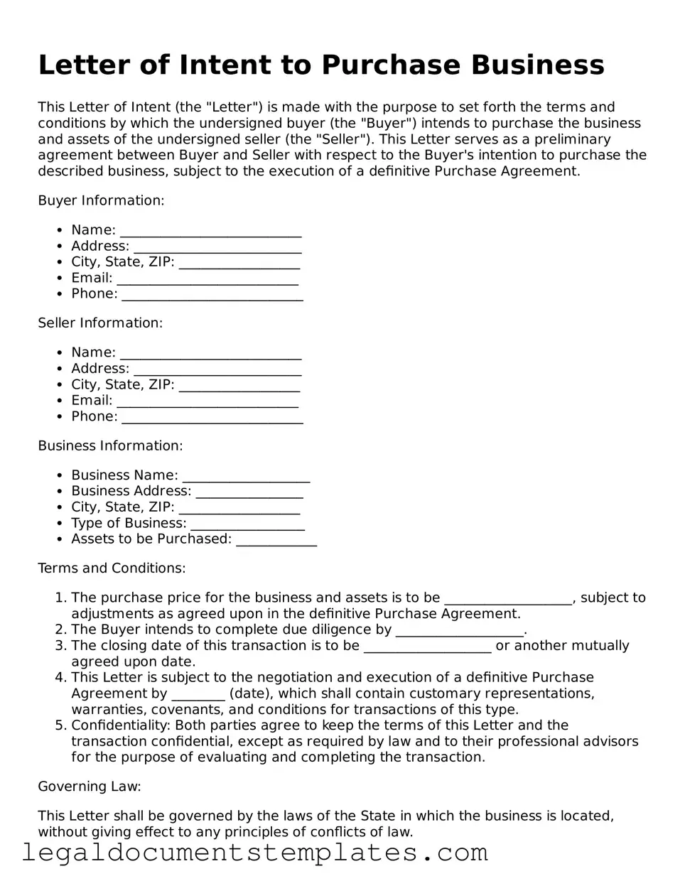 Legal Letter of Intent to Purchase Business Document