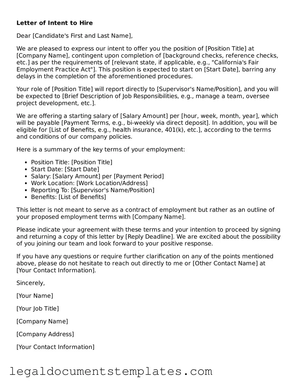 Legal Letter of Intent to Hire Document