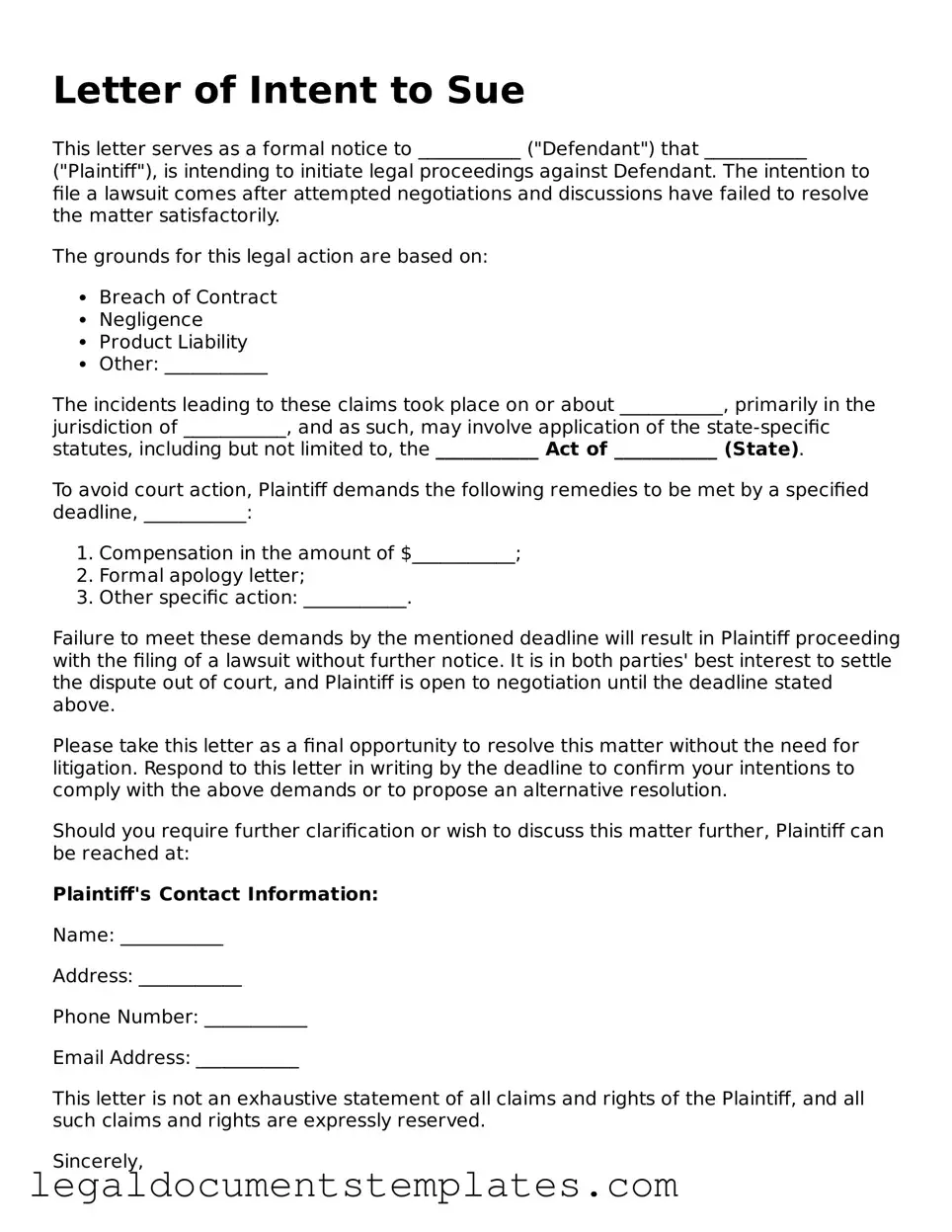 Legal Letter of Intent to Sue Document